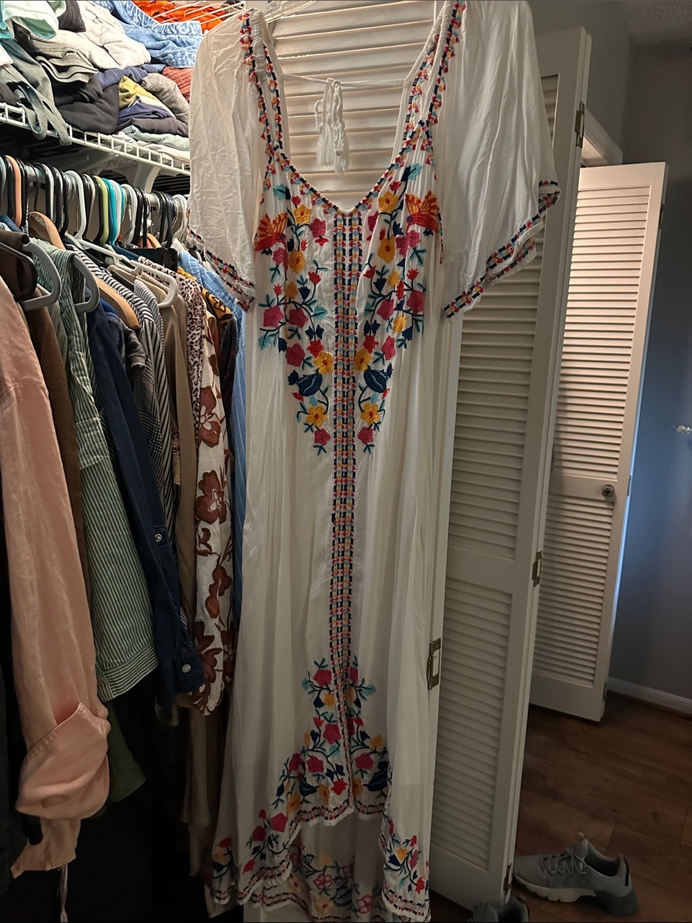 Sundance White Maxi Dress with Multicolor Floral Embroidery
